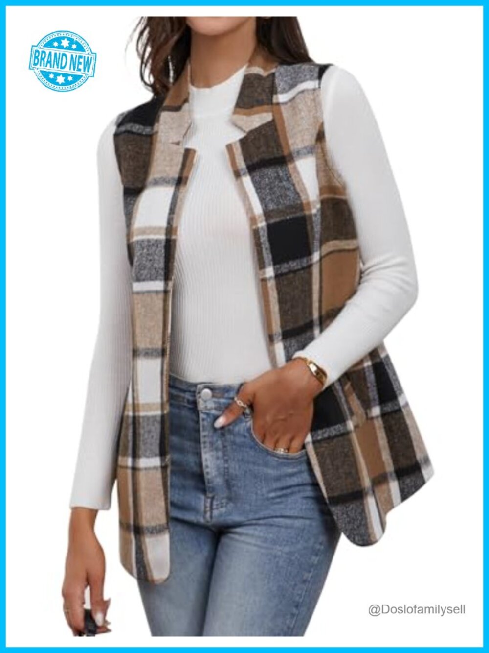 Wool Blend Plaid Sleeveless Vest Open Front Notch Collar Slim Fit Business
